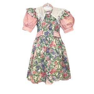 VTG 80s Jinelle Party Dress Girls 10 Lace Collar Puff Sleeves Sash Grunge Easter